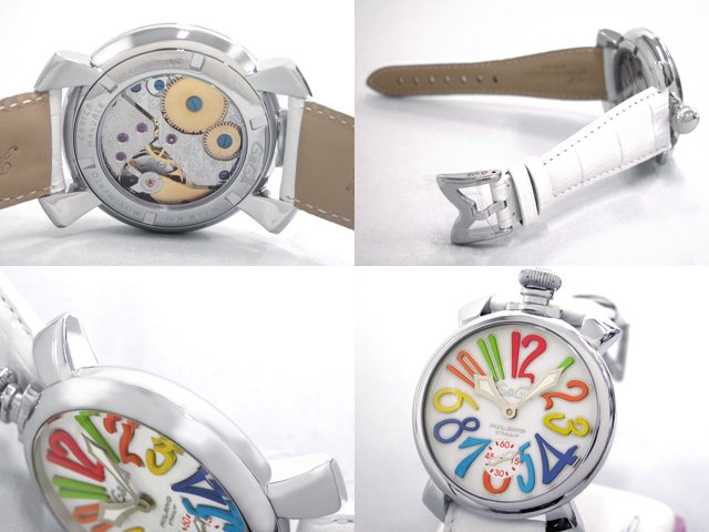 ガガ?ミラノ マニュアル48mm 手巻き 5010.1 ホワイト皮 ホワイト/マルチカラーアラビア